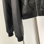 OFTBUY Women's Short Black Faux Leather Cropped Bomber Jacket Ribbed Trim PU Aviator Coat Female New Casual Vintage Outerwear