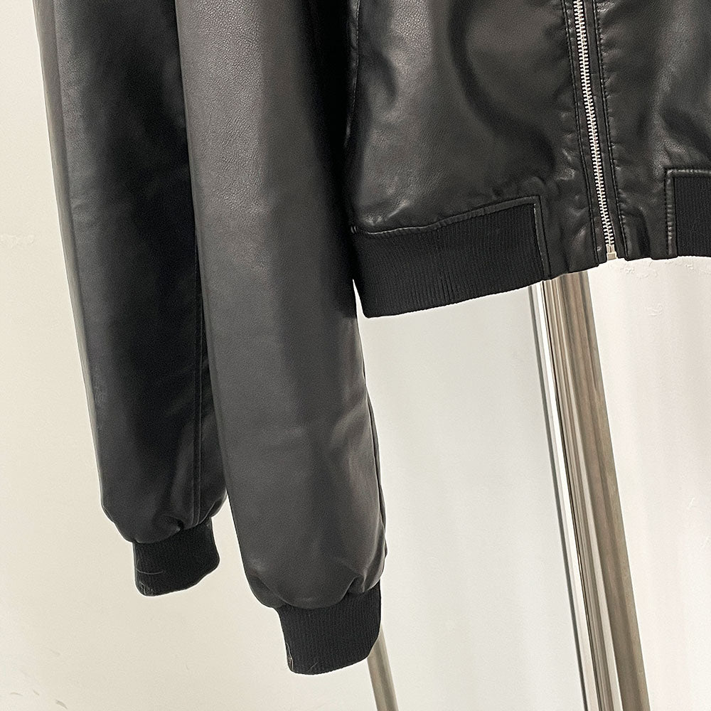 OFTBUY Women's Short Black Faux Leather Cropped Bomber Jacket Ribbed Trim PU Aviator Coat Female New Casual Vintage Outerwear