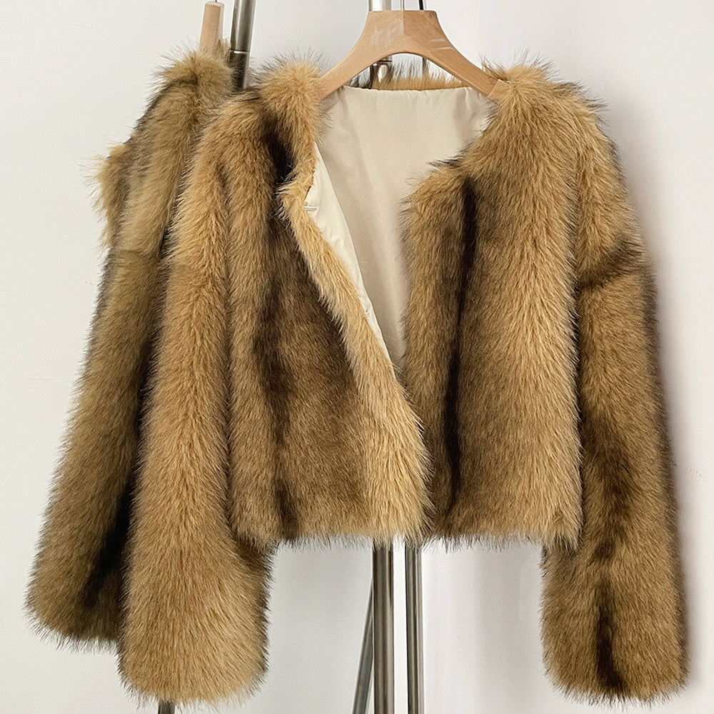 OFTBUY Luxury Collarless Faux Fur Jacket - Chic Short Fluffy Vegan Fur Coat for Women