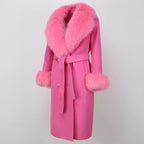 OFTBUY Winter Jacket Women Long Natural Wool Blends Cashmere Real Fur Coat Double Breasted Belt Warm Streetwear New Fashion