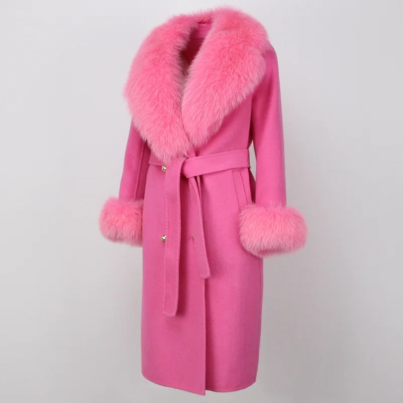 OFTBUY Winter Jacket Women Long Natural Wool Blends Cashmere Real Fur Coat Double Breasted Belt Warm Streetwear New Fashion