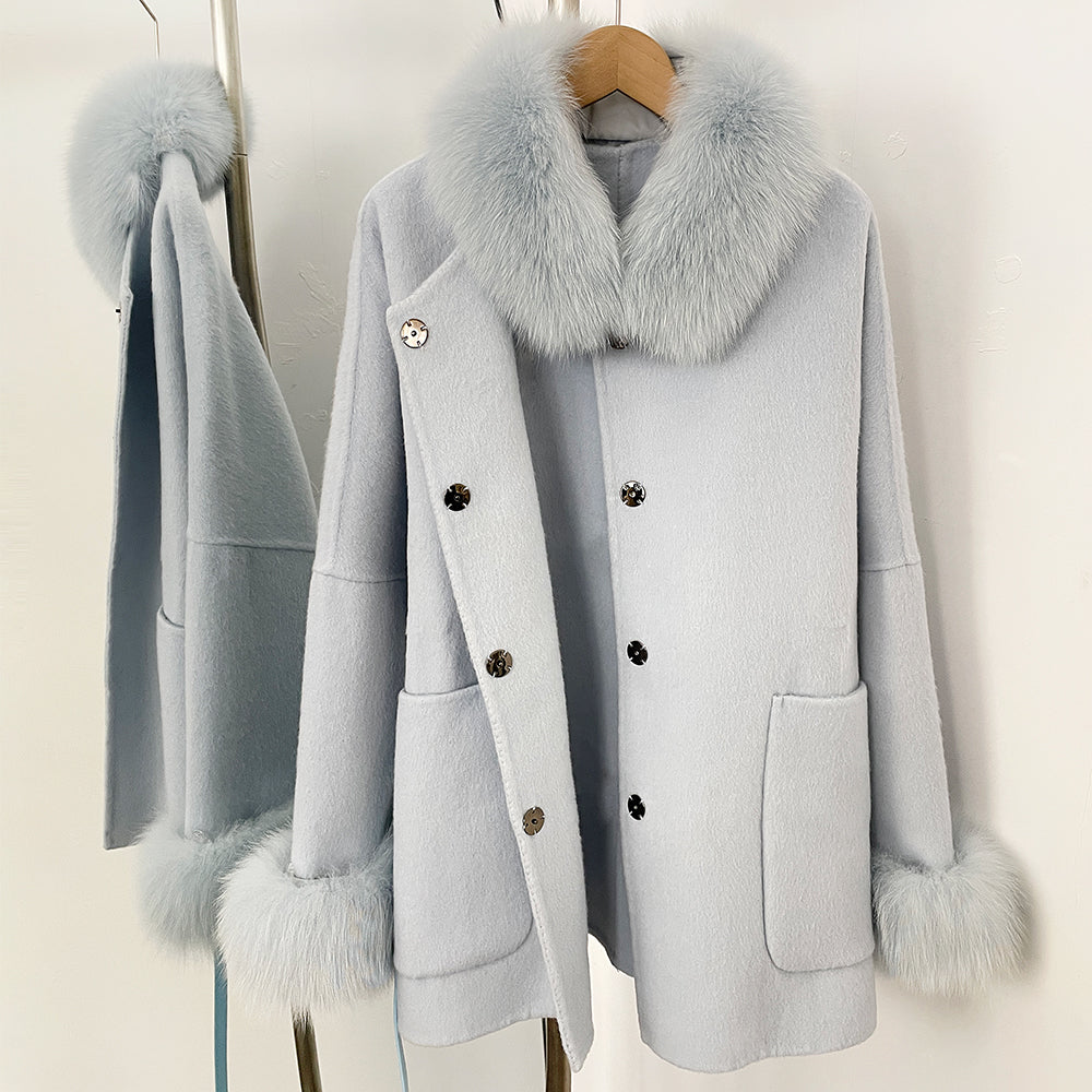 OFTBUY New Autumn Winter Belt Woolen Clothes Women Real Fox Fur Cuffs and Collar 100% Wool Coat Female Natural Fur Pocket Jacket