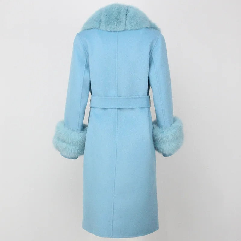 OFTBUY Winter Jacket Women Long Natural Wool Blends Cashmere Real Fur Coat Double Breasted Belt Warm Streetwear New Fashion