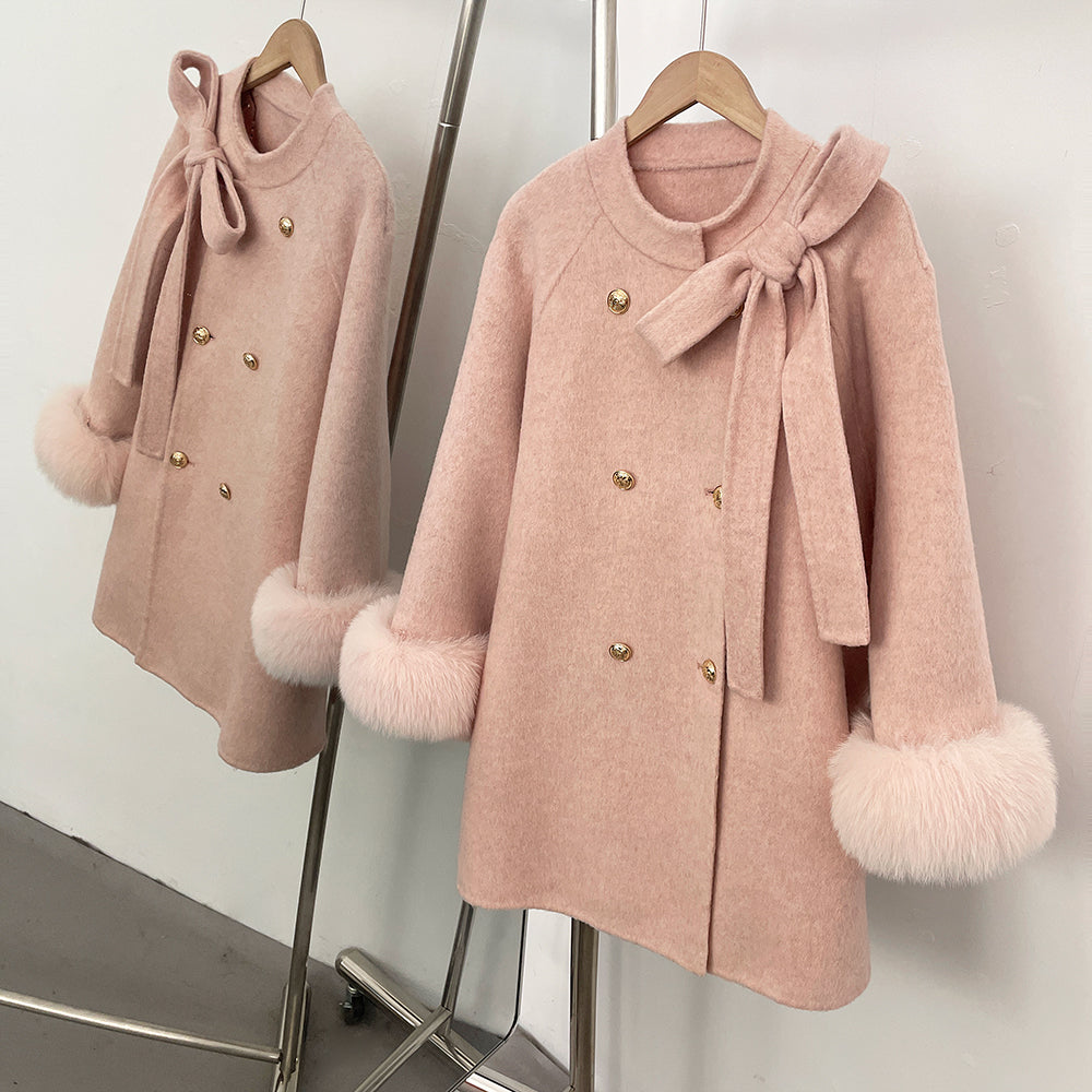 OFTBUY Bow Wool Jacket Mid-length Round Neck 100% Wool Coat Female New Autumn Winter Double-breasted Real Fox Fur Woolen Clothes