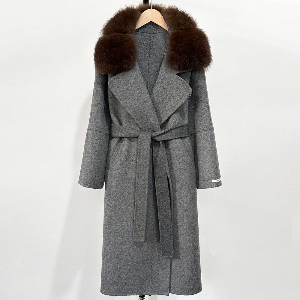 OFTBUY Belted Long Warm Winter Elegant Fashion Outerwear New Women's Double-Faced Wool Coat with Real Fox Fur Collar