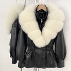 OFTBUY Women's Luxury Real Fox/Raccoon Fur Faux Leather Jacket Elastic Waist New Winter Coat Elegant PU Leather Outerwear Female