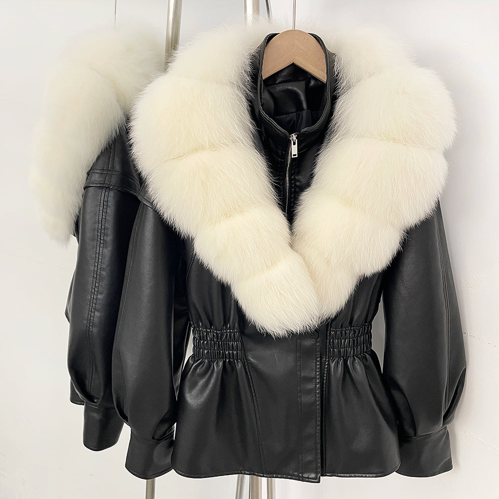 OFTBUY Women's Luxury Real Fox/Raccoon Fur Faux Leather Jacket Elastic Waist New Winter Coat Elegant PU Leather Outerwear Female