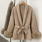 OFTBUY Belted Warm Winter Elegant Fashion Outerwear Wool Jacket Lady New Women's Double-Faced Wool Coat with Real Fox Fur Cuffs