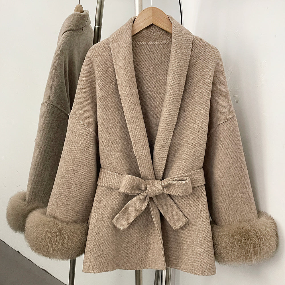 OFTBUY Belted Warm Winter Elegant Fashion Outerwear Wool Jacket Lady New Women's Double-Faced Wool Coat with Real Fox Fur Cuffs