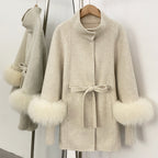OFTBUY High Collar Belt Real Fox Fur Wool Coat Female New Autumn Winter Knitted Sleeves Woolen Clothes Women Alpaca Loose Jacket