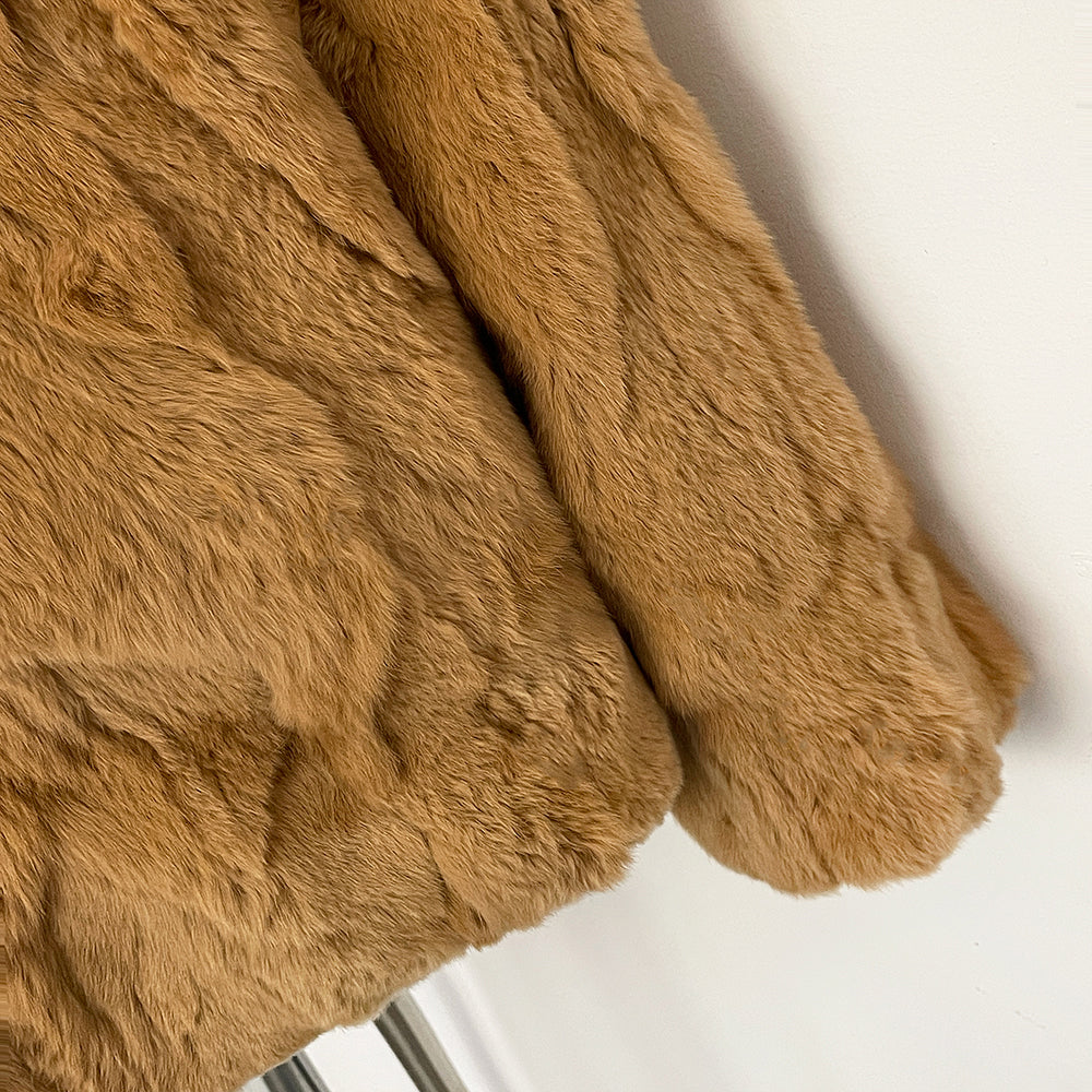 Detail shot of fluffy natural rabbit fur sleeve texture