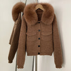 OFTBUY Short Natural Fox Fur Collar Knitted Sweater Coat FemaleReal Fur Clothing New Autumn Winter Knitting Cardigan Women