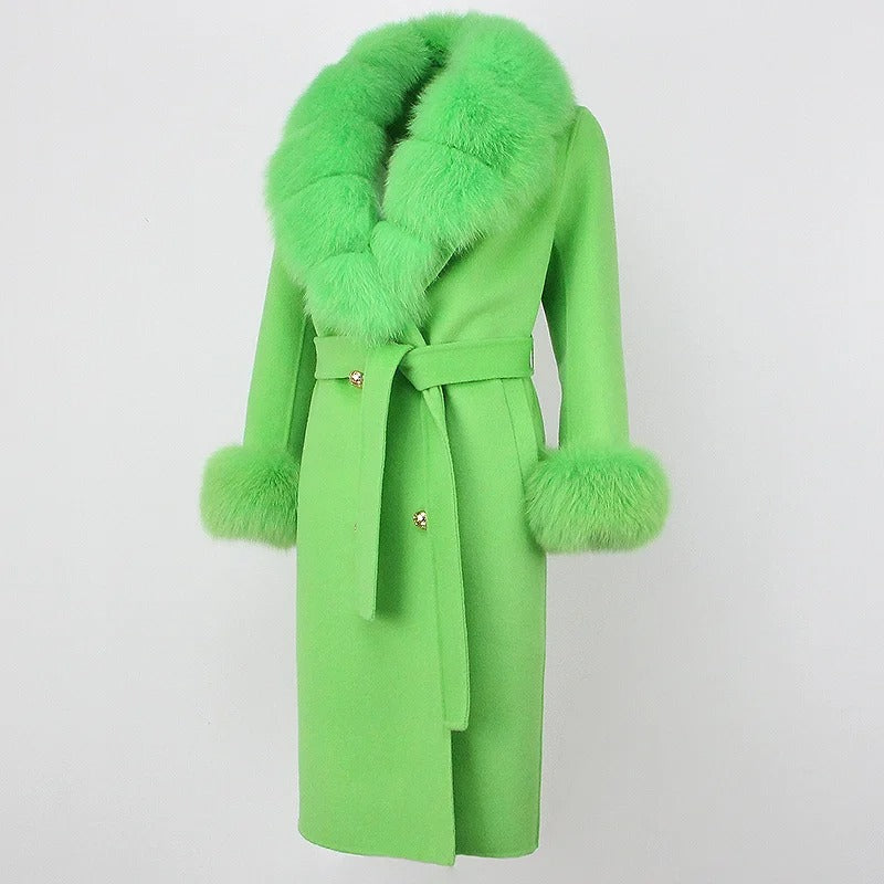 OFTBUY Winter Jacket Women Long Natural Wool Blends Cashmere Real Fur Coat Double Breasted Belt Warm Streetwear New Fashion