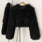 OFTBUY Faux Fur Coat for Women Fur Fluffy Autumn Short Fur Coat Eco-friendly Warm Female New Winter Jacket Long Sleeves O-neck