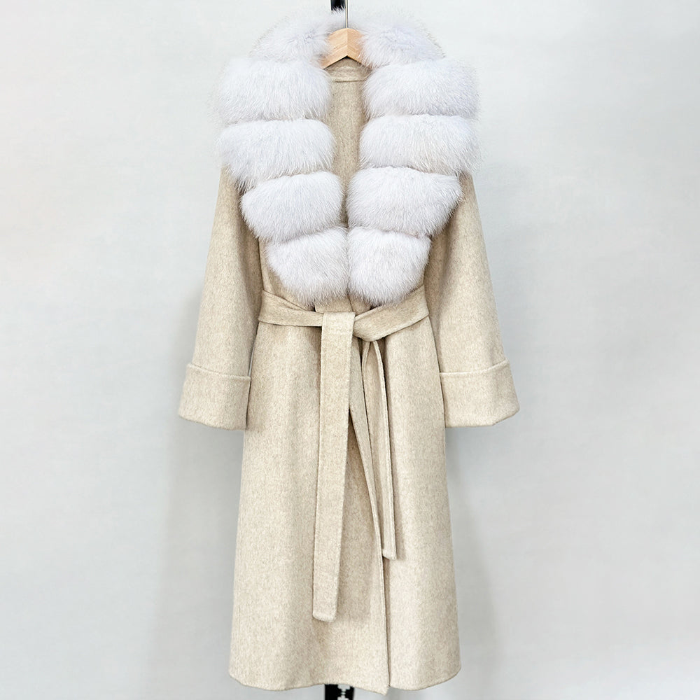 OFTBUY Long Belt 100% Wool Coat with Real Fox Fur Collar Warm Natural Fur Woolen Jacket Female New Autumn Winter Clothing Women