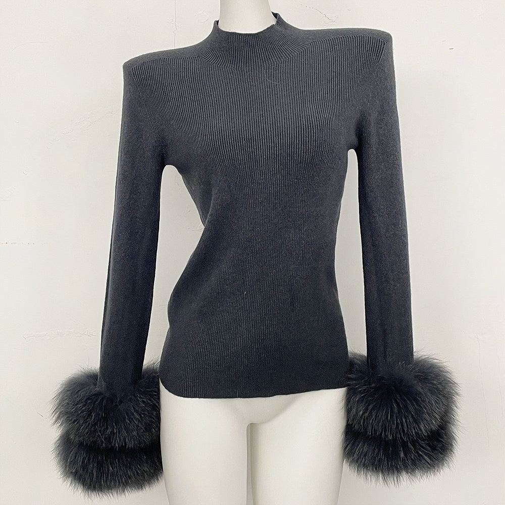 OFTBUY Luxury Mock Neck Ribbed Knit Top with Oversized 100% Real Fox Fur Cuffs