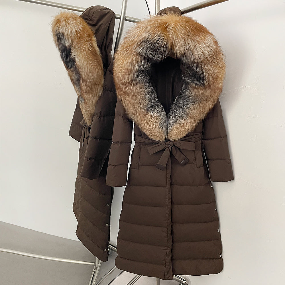 OFTBUY Hooded Winter White Duck Down Coat Large Real Fox Fur Collar X-Long Puffer Jacket Women Thick Female Parkas With Belt