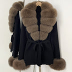 OFTBUY Belt Knit Warm Winter Luxury Casual Fashion Outerwear Sweater Female New Women's Knit Coat with Large Real Fox Fur Collar