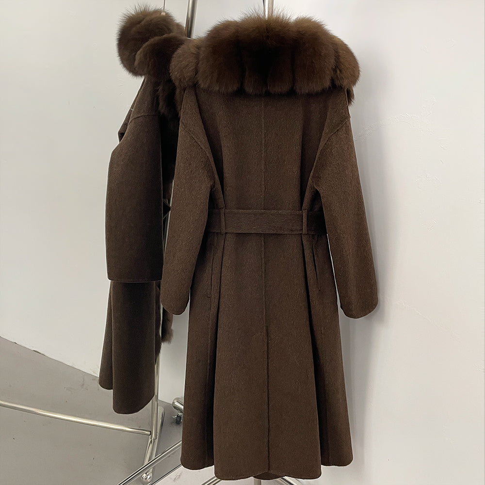 OFTBUY New Autumn Winter Clothes Women Belt Natural Fur Collar Woolen Jacket Long Big Fox Fur Pinnacle 100% Wool Coat Female