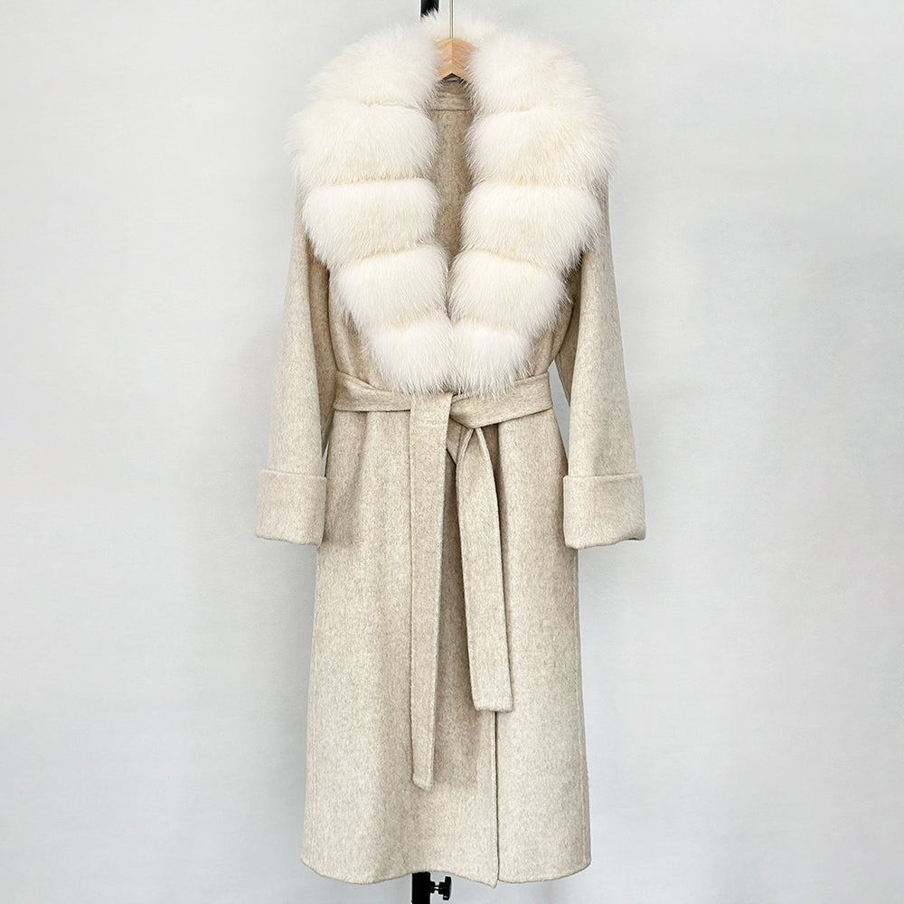 OFTBUY Long Belt 100% Wool Coat with Real Fox Fur Collar Warm Natural Fur Woolen Jacket Female New Autumn Winter Clothing Women