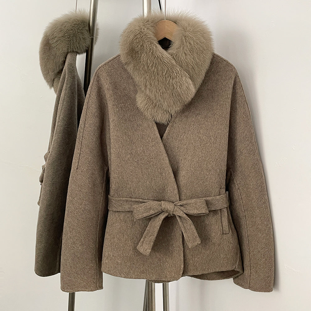 OFTBUY New Winter Woolen Clothes Women Short Belt Real Fox Fur Collar 100% Wool Jacket Feamle V-neck Loose Warm Natural Fur Coat
