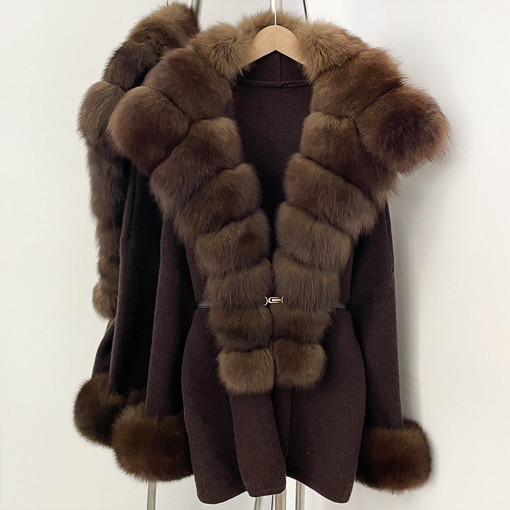 OFTBUY Belt Loose Fit Warm Winter Fashion Outerwear Natural Fur Sweater Female New Women's Knit Coat with Large Real Fox Fur