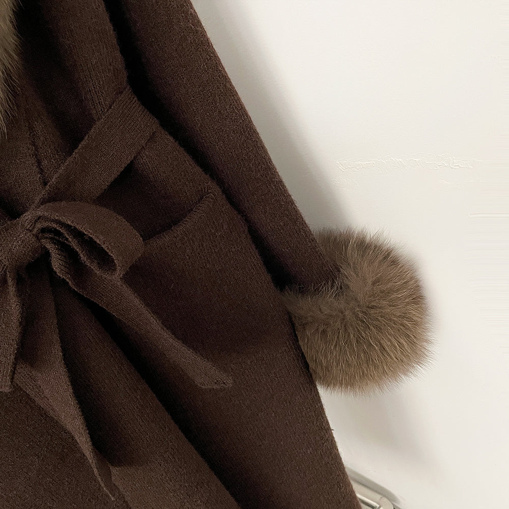 OFTBUY New Cardigan Autumn Winter Long Knit Clothing Women Loose Warm Belt Sweater Jacket with Real Fox Fur Collar and Cuffs