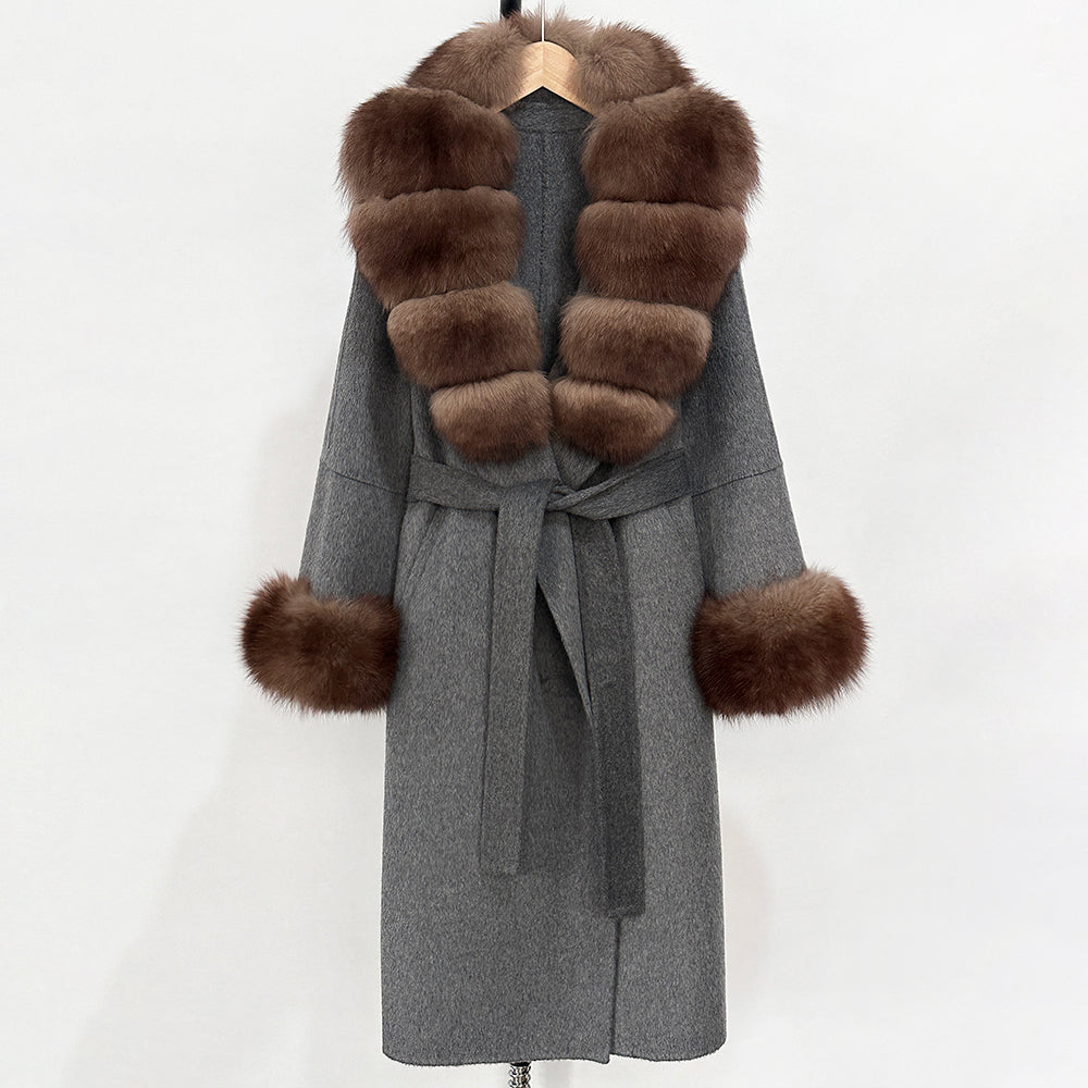 OFTBUY New Women's Double-Faced Wool Coat with Large Real Fox Fur Belted Warm Winter Luxury Fashion Outerwear Woolen Jacket Lady