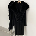 OFTBUY New Natural Fur Collar Long Knit Jacket Women Atrumn Winter Top Clothing Female Fashion Warm Belt Real Fox Fur Cardigan