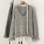 OFTBUY New Spring Autumn Top Knitted Clothes Women Loose Ribbon Knitwear Coat Real Fox Fur Lace Pullovers Sweater Jacket Female