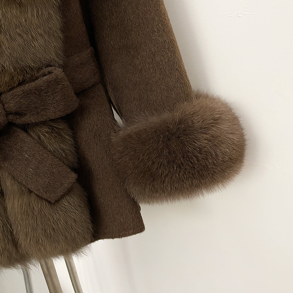 OFTBUY Big Natural Fox Fur Pinnacle 100% Wool Coat Female New Autumn Winter Clothes Women Belt Natural Fur Collar Woolen Jacket
