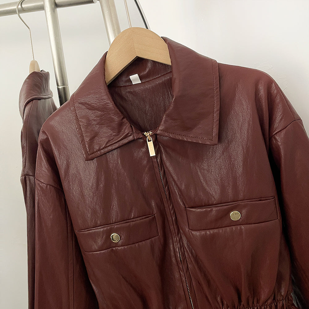 OFTBUY New Women's Faux Leather Jacket Lapel Collar Zipper Elastic Waist Pockets Elegant Fashion Outerwear Vintage Coat Female