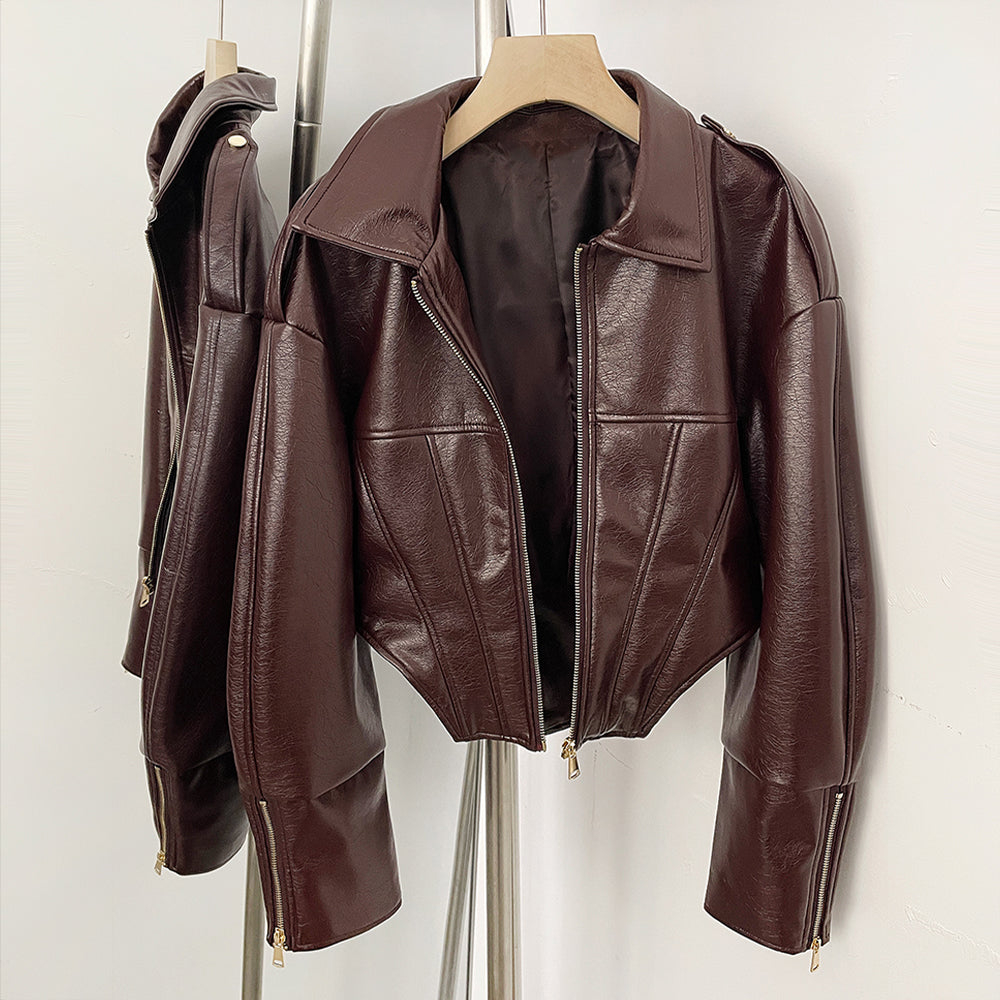 OFTBUY Casual Lapel Sleeve Zipper Fishbone Coats Lady Daily High Street Coat Women's Retro Cinched-waist Coated Leather Jacket