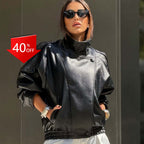 OFTBUY Womens Oversized Faux Leather Bomber Jacket