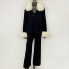 OFTBUY Loose Pants Warm Winter Elegant Casual Outfit Sweater Female New Women's Knit Two Piece Set with Real Fox Fur Collar