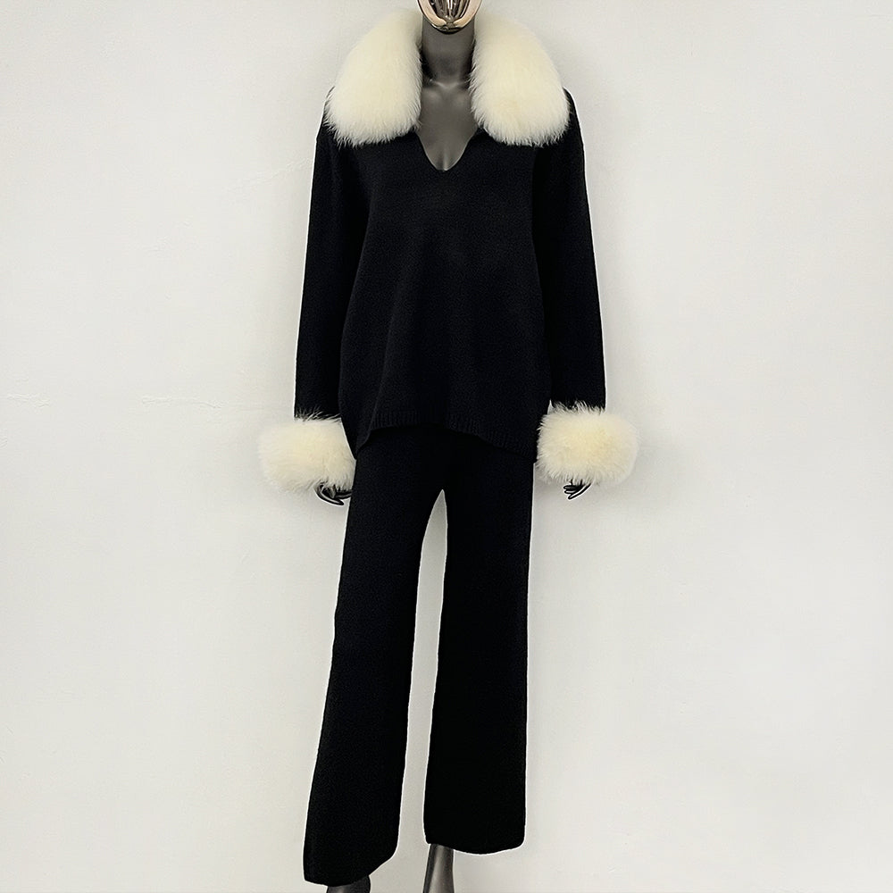 OFTBUY Loose Pants Warm Winter Elegant Casual Outfit Sweater Female New Women's Knit Two Piece Set with Real Fox Fur Collar