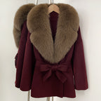 OFTBUY Belted Warm Winter Elegant Fashion Outerwear Lady New Women's Double-Faced Wool Coat with Large Real Fox Fur Collar Cuffs