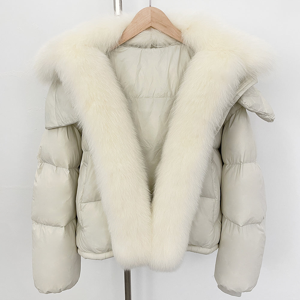 All-white luxury winter look: cream down jacket with pure white fox fur
