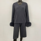 OFTBUY New Women's Knitted Two Piece Set with Real Fox Fur Cuffs V Neck Warm Winter Casual Elegant Outfit Sweater Female