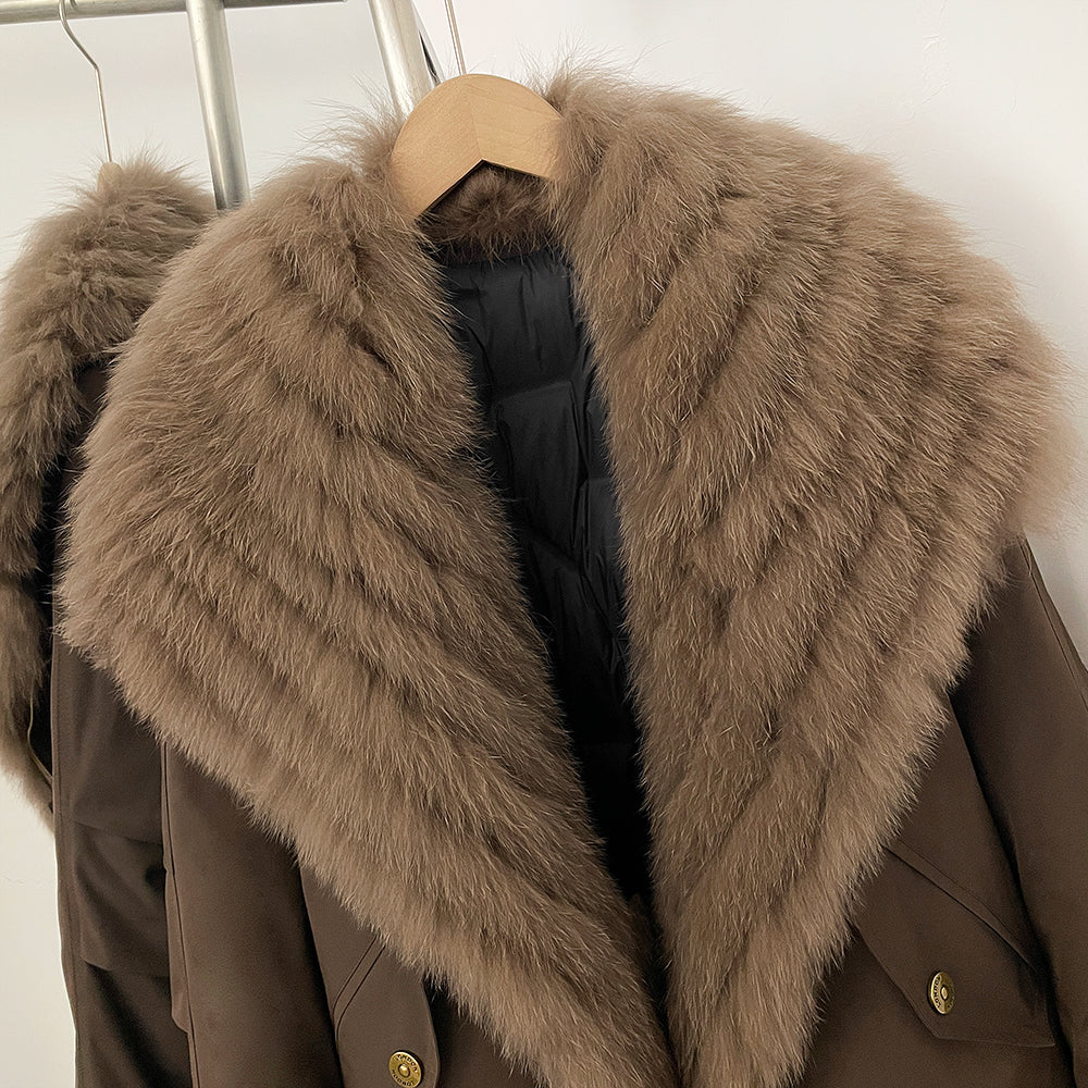 Close-up of thick layered genuine fox fur wrap collar on winter parka