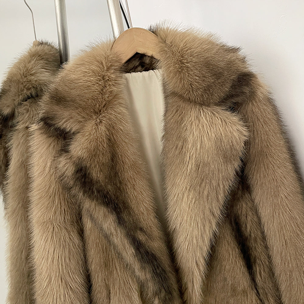 OFTBUY Luxury Long-Line Notch Lapel Faux Fur Coat - Elegant Winter Vegan Fur Overcoat
