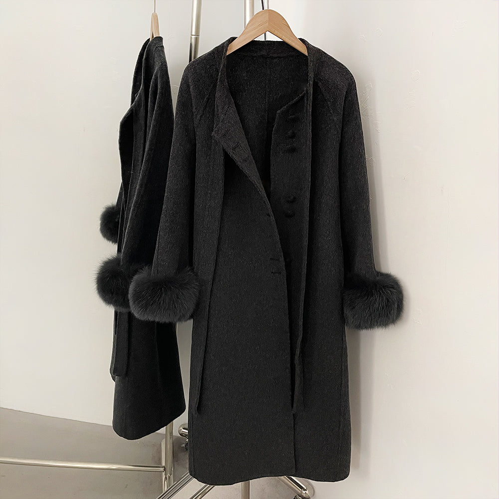 OFTBUY New Women's Double-Faced Wool Coat with Real Fox Fur Design Belted Bow Warm Winter Elegant Fashion Outerwear Woolen Coat