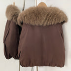Back view of relaxed cropped duck down parka with large fox fur collar