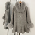 OFTBUY New Women's Wool Coat with Real Fox Fur Colla and Cuffs Luxury Pearl Button Ruffled Hem Winter Warm Outerwear Female