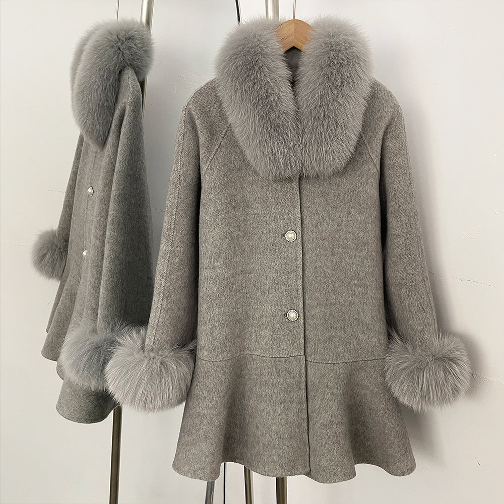 OFTBUY New Women's Wool Coat with Real Fox Fur Colla and Cuffs Luxury Pearl Button Ruffled Hem Winter Warm Outerwear Female