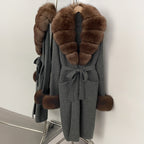 OFTBUY New Cardigan Autumn Winter Long Knit Clothing Women Loose Warm Belt Sweater Jacket with Real Fox Fur Collar and Cuffs