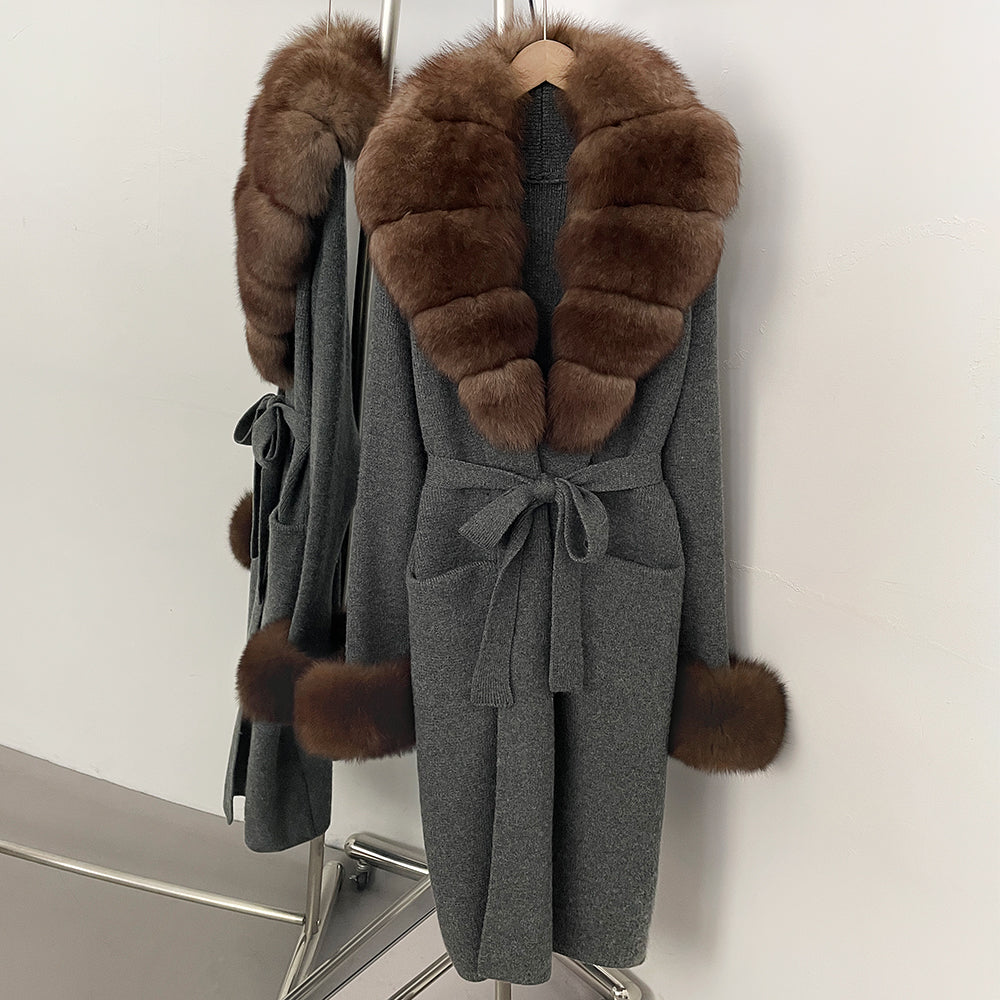 OFTBUY New Cardigan Autumn Winter Long Knit Clothing Women Loose Warm Belt Sweater Jacket with Real Fox Fur Collar and Cuffs