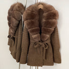 OFTBUY New Women's Knit Coat with Large Real Fox Fur Collar Belted Waist Striped Texture Pockets Winter Luxury Elegant Outerwear