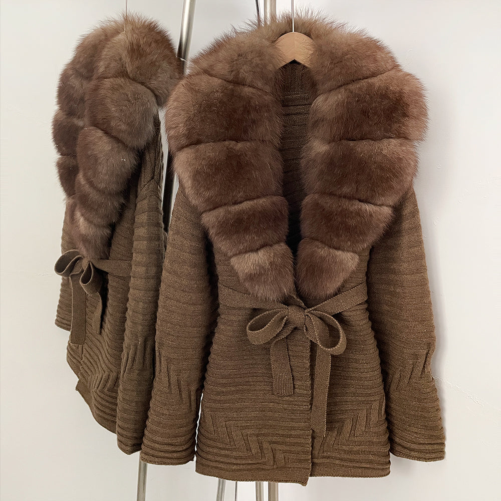 OFTBUY New Women's Knit Coat with Large Real Fox Fur Collar Belted Waist Striped Texture Pockets Winter Luxury Elegant Outerwear