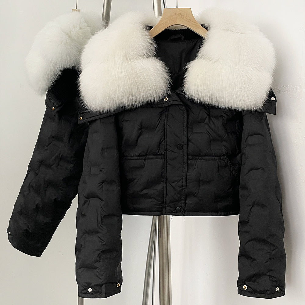 OFTBUY Thickened Warm Fluffy Real Fox Fur Puffer Jacket Women Short Long Sleeve White Duck Down Coat Female New Winter Clothing
